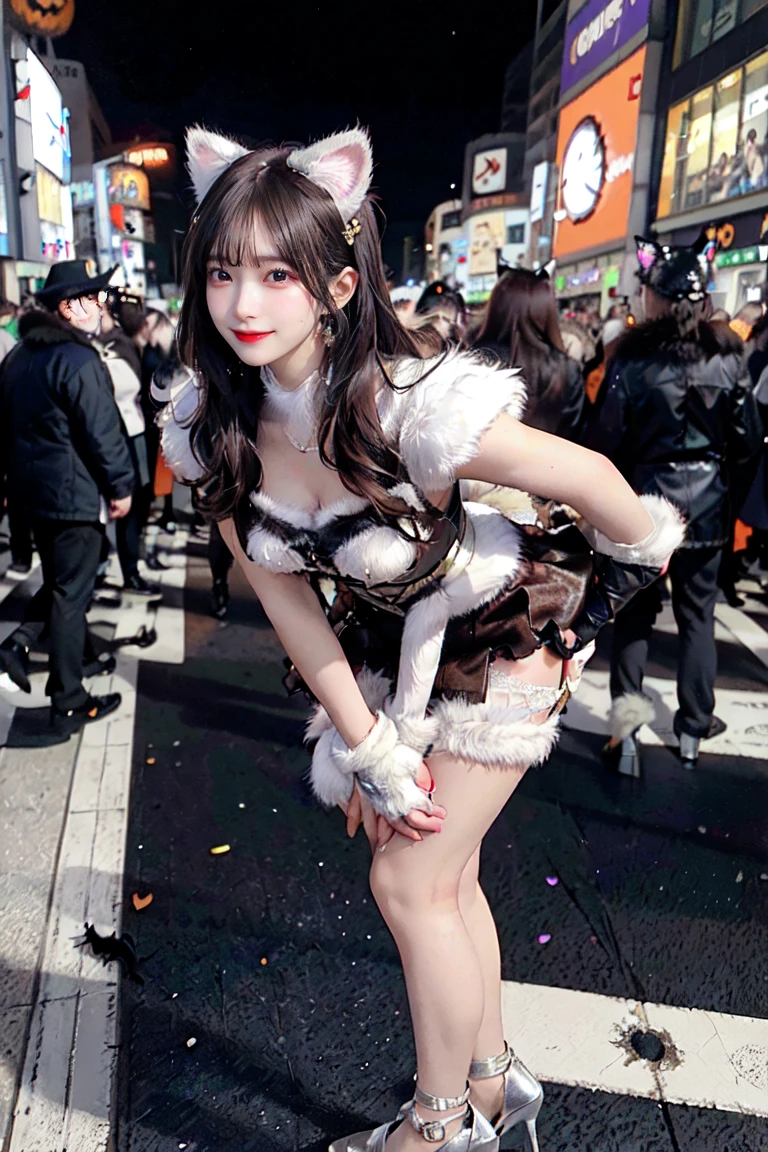 masterpiece, highest quality, highest quality, beautiful beautiful:1.2, ((1 girl)), halloween night, ((Wearing a fine costume of cat fur, Cat gloves, Shoes in the shape of a cat's paw, Fur mini skirt):1.2), (silver stiletto heels:1.1), highly detailed, (standing leaning forward with hands on the ground:1.3), big breasts, firm chest, well-shaped chest, slender body shape, 
((dark brown hair)), wavy hair, (medium long hair:1.2), 
((In the middle of Shibuya&#39;s scramble crossing late at night:1.2)), ((Surrounded by crowds of people in Halloween costumes:1.2)), (full body shot:1.1), (From the back:1.2),