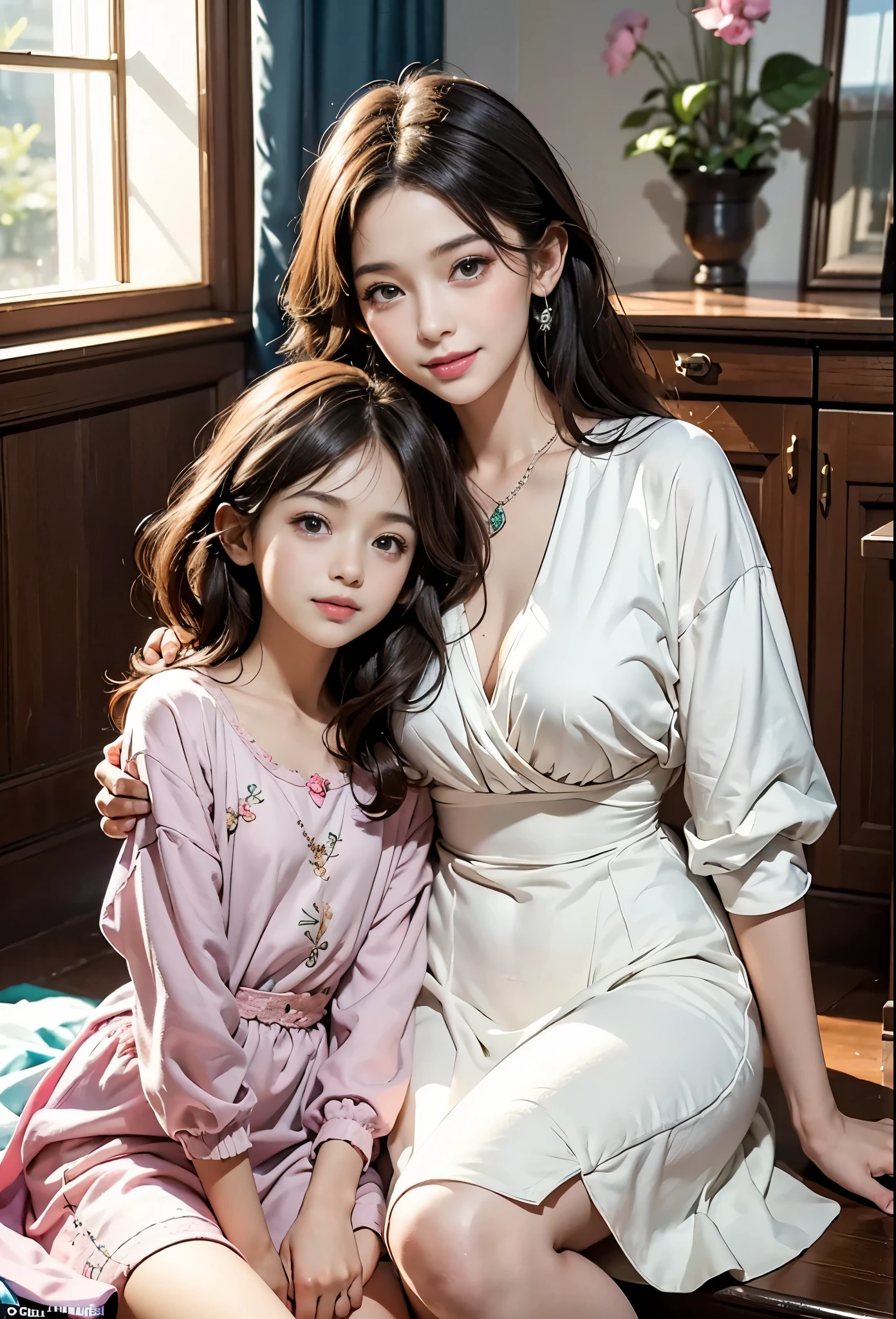 best quality，masterpiece，ultra high resolution，（fidelity：1.4），original photo，Smile，2 girls，25-year-old woman and ***************，ladies and ***********s, mother and daughter,，charming，