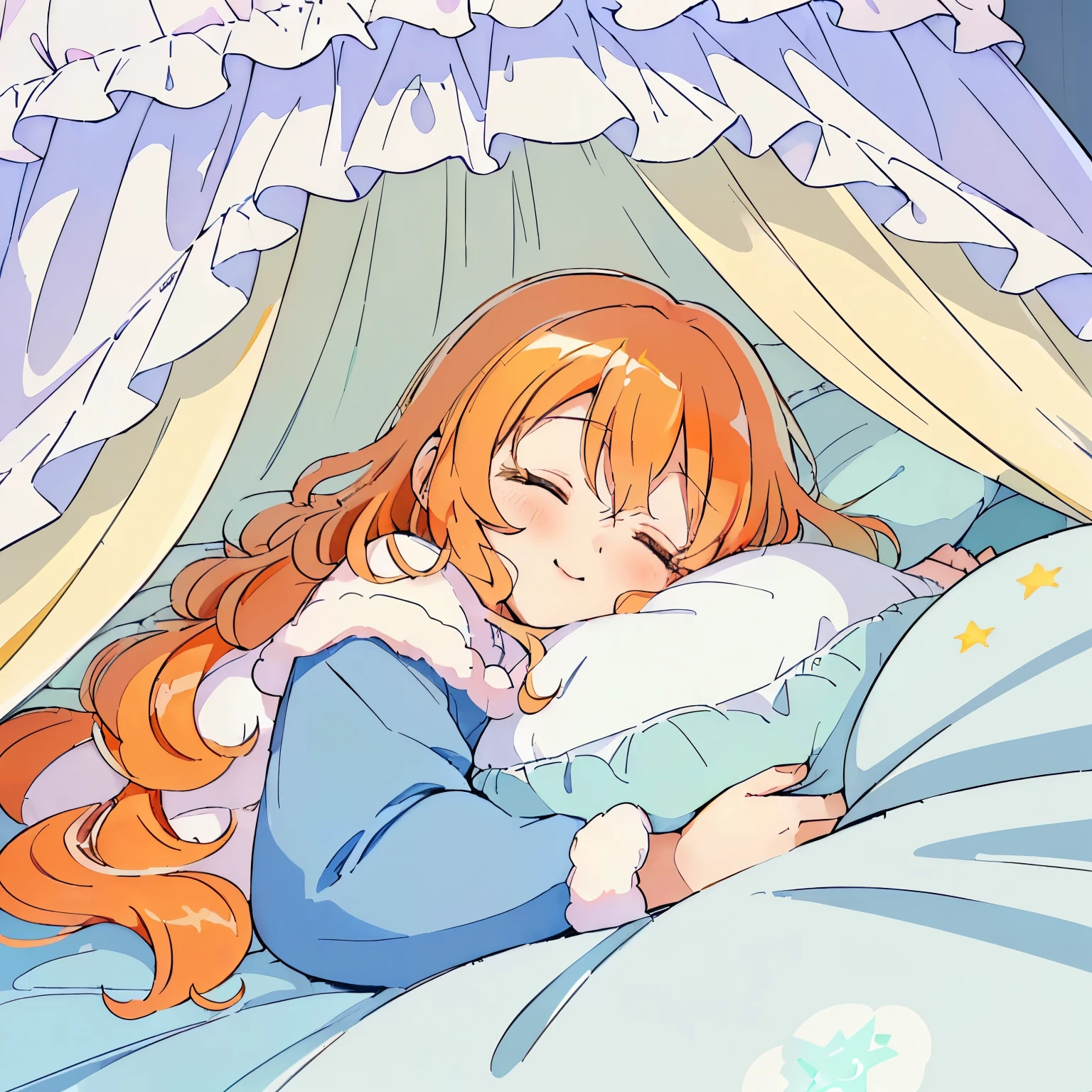(Fluffy and sparkling bedroom),(bed with canopy:1.4),(sleeping with a blanket over:1.4),(A fluffy and warm blanket:1.3),blush,Chibi,cute,girl,Happy sleeping face,(Sleeping with your eyes closed:1.3),(A face sleeping with a smile on its lips:1.3),(close up of face:1.3),(Fluffy white and orange hair with a lot of hair:1.3),(Long curly hair with plenty of volume:1.3),(pajamas loungewear:1.2),(Going to bed:1.5),(♡:1.4),(sleep on your back:1.35),(light blue, white and yellow green:1.2),(happy dream:1.25)
