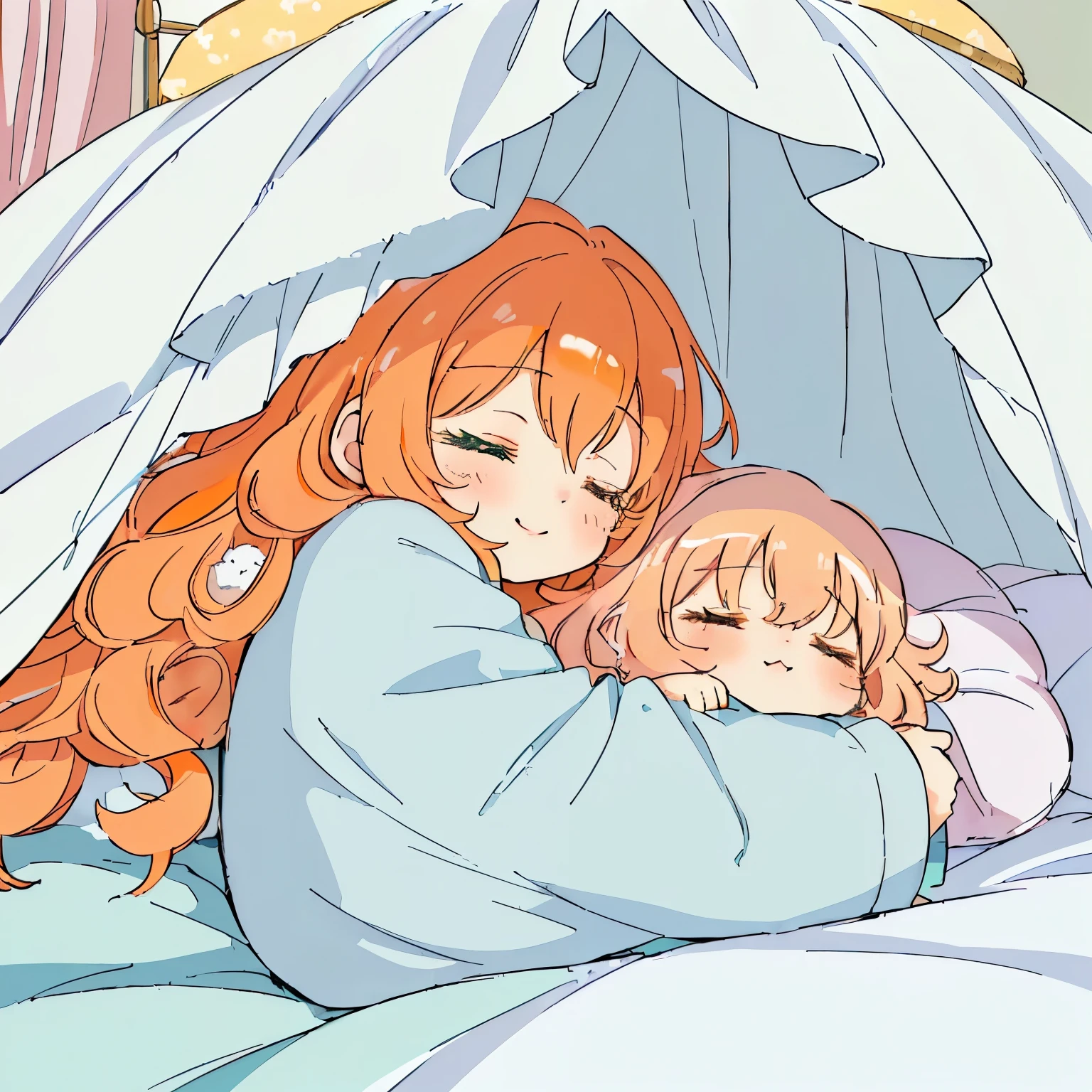(Fluffy and sparkling bedroom),(bed with canopy:1.4),(sleeping with a blanket over:1.4),(A fluffy and warm blanket:1.3),blush,Chibi,cute,girl,Happy sleeping face,(Sleeping with your eyes closed:1.3),(A face sleeping with a smile on its lips:1.3),(close up of face:1.3),(Fluffy white and orange hair with a lot of hair:1.3),(Long curly hair with plenty of volume:1.3),(pajamas loungewear:1.2),(Going to bed:1.5),(♡:1.4),(sleep on your back:1.35),(light blue, white and yellow green:1.2),(happy dream:1.25)