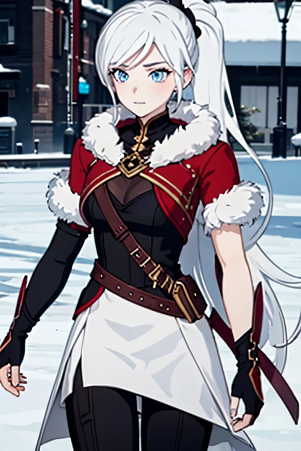 1024 X 1536, (masterpiece), maximum quality, 1girl, pale skin, white hair, blue eyes, long hair, ponytail, willow schnee from rwby, huge breasts, confident look, winter fur coat, 