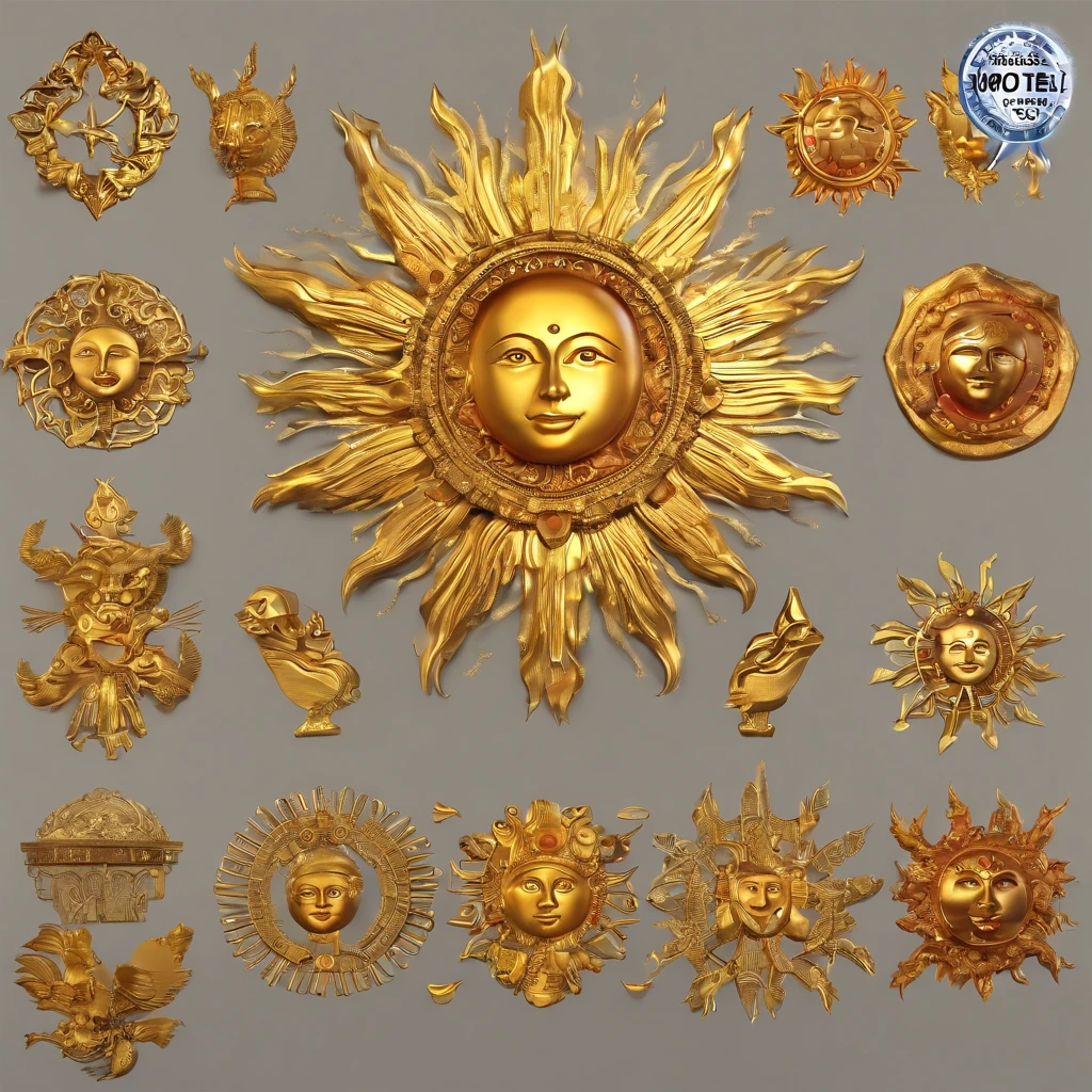 IP sun, Character, Slavic sun, Slavic ornament, Slavic runes, Slavic sun god, human figure, doll figure, hands, legs, Body, Textured, Slavic costume, gold костюм, Slavic face, Bright eyes, cherub, red, firey, yellow, light blue, gold, clay, stucco, Epic, models, doll, sun head, Shiny and delicate,clean background, Good shine, 3D rendering,Best quality
