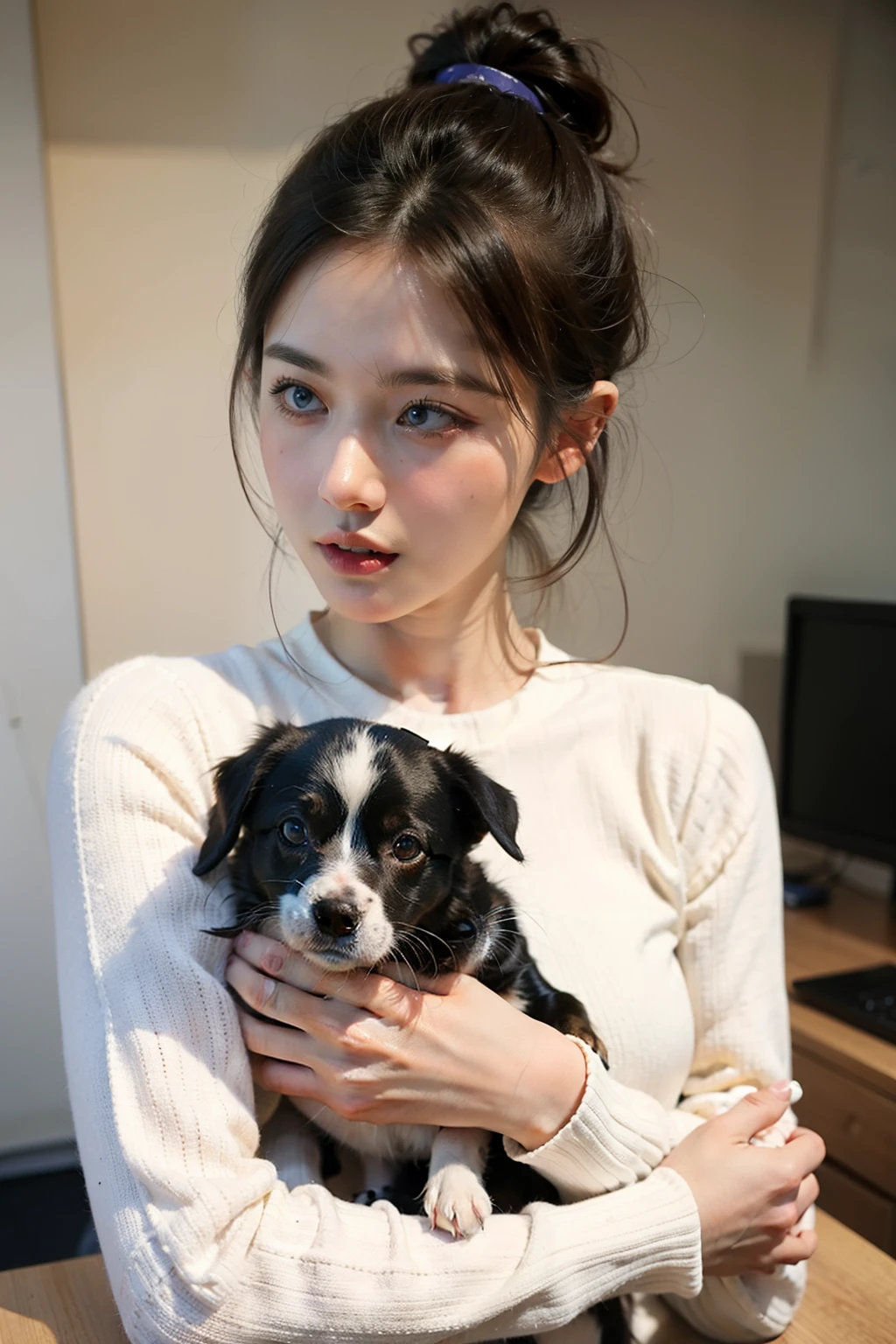 ((best quality)), ((masterpiece)), (detailed), Background in the office，Girl holding cute dog，Talking with a microphone in hand，long sleeve work，Hair tied up