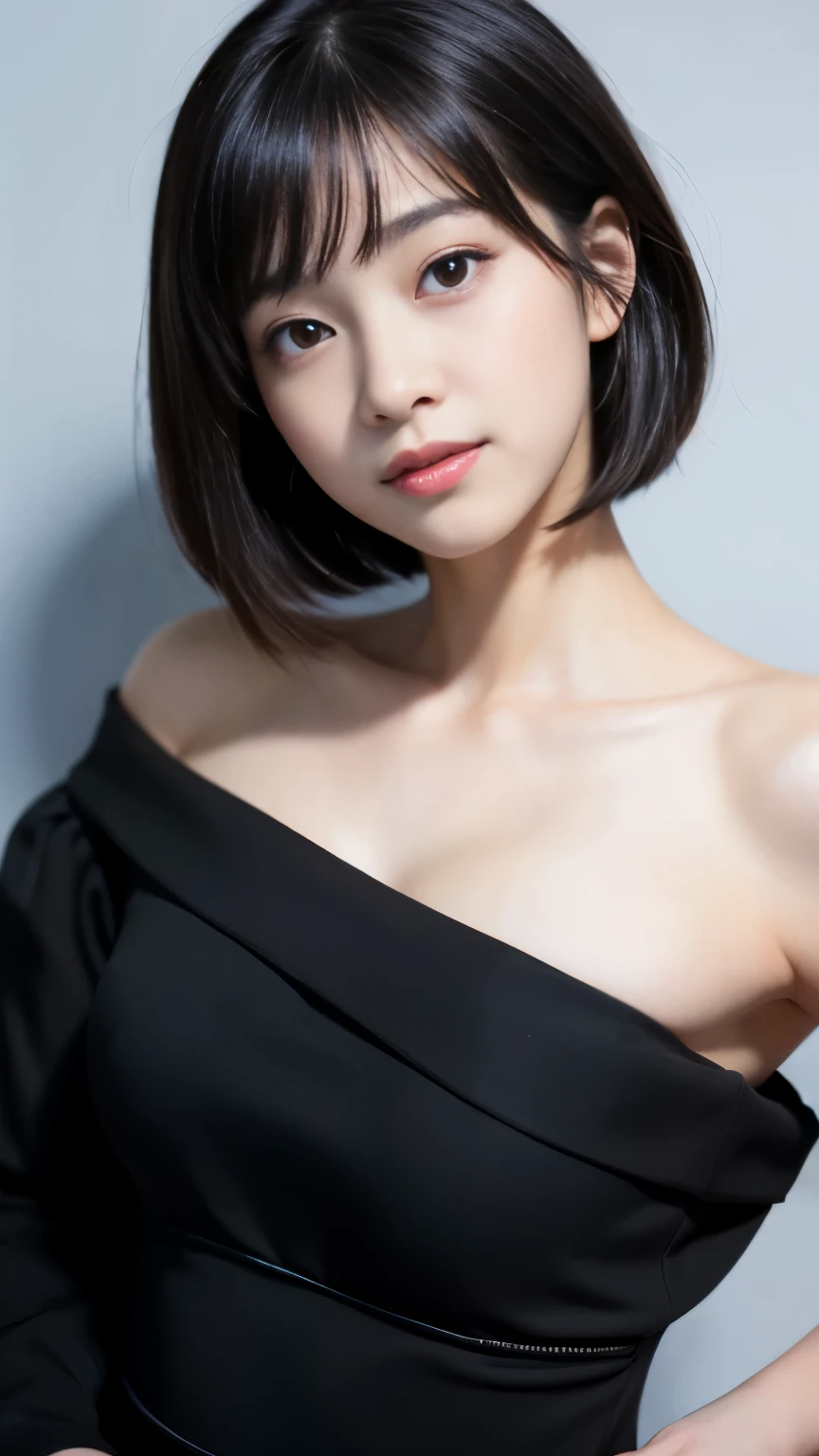 Best-quality, Masterpiece, Ultra-High-Resolution, (Photorealistic:1.4), Raw-Photo, front-view, from above, 1girl, -yeld, thost famous Japanese idol, (leaning forward, looking up, ((hands on hip)), innocent smile), extremely cute face like a most popular Japanese idol, (((((extremely beautiful big-black-eyes))))), extremely beautiful black-short-cut-haired, extremely beautiful long-eyelashes, extremely beautiful skins, extremely realistic skins, extremely beautiful abundant cleavage, detailed big-black-eyes