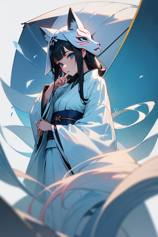 8k wallpaper,kawaii,The doll is a perfect representation of the beautiful women appearing in anime and games, almost equivalent to the life-size of a human female, and its form and quality are far more beautiful and adorable than real humans,To create a Masterpiece-quality,Maintaining a wholesome appearance while transforming in a versatile manner,ultla detailed,A girl with a stylish and cool white fox mask on her forehead,girl with straight black hair and clear blue eyes,wearing a pure white kimono,wide shot
