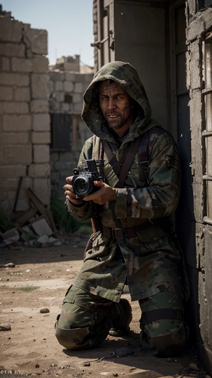 A greedy military fighter in a ghillie suit, facing a treasure chest, has the sin of greed, kneeling, holding a mirrorless camera in his hand, wearing a large dark colored hooded cloak torn and bloody from the war with a palestine flag on his back, full of blood and dirt, Bloody (8k, RAW photo, best quality, masterpiece: 1.2), highly detailed, official art, photo-realistic: 1.37, film grain, octane render, high quality render