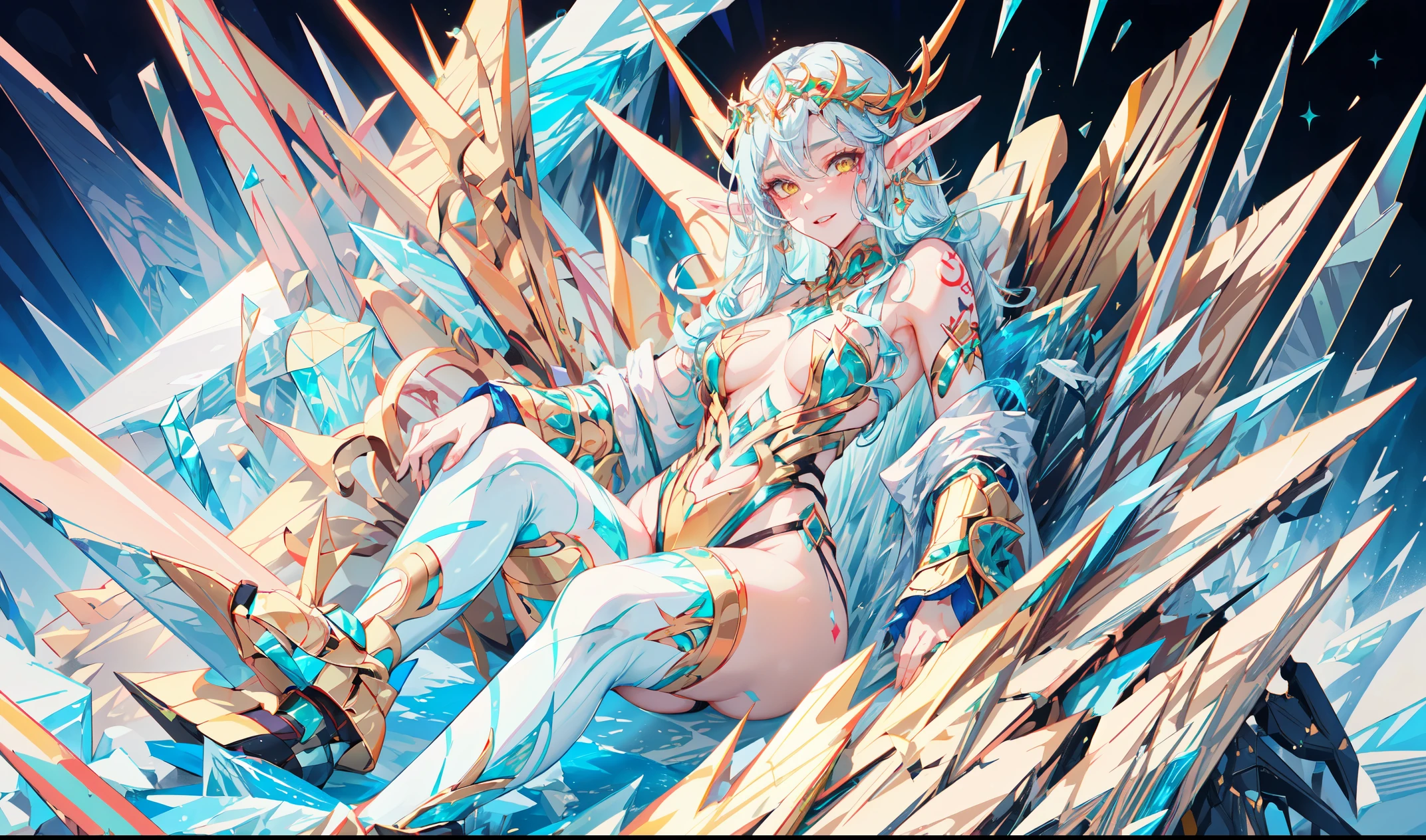 (full body image of an ice elf:1.2),prone on a fluffy bed,full body, medium length elf ears, pointy ears,ice around, frosty theme,exotic pose, seductive body, lay, (prone in a sexy way,showing the nice ass:1.2),( shiny yellow eyes:1.2), light cold smile, arrogant facial expression, sexy Russian style costume, Blue crystal jewelry, icy blue glowing tattoos,Detailed,Realistic,4k highly detail,by Mappa studios,masterpiece,best quality,official art,illustration,ligne claire,(cool_color),perfect composition,fantasy,focused,rule of third,56