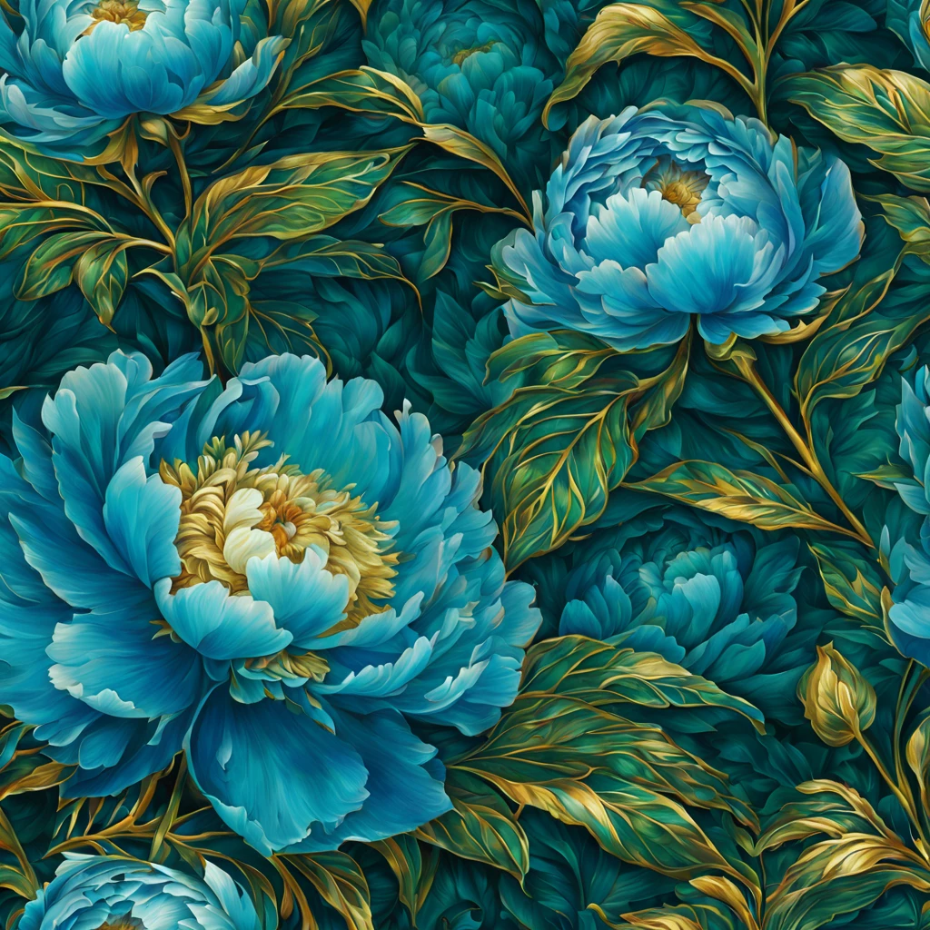 Beautiful pattern of shimmering terry blue peonies, lots of leaves, green, emerald, gold, glow, digital painting, filigre fine detail, hyper-detailing, hyper-realism, high definition, bright and juicy, 128k