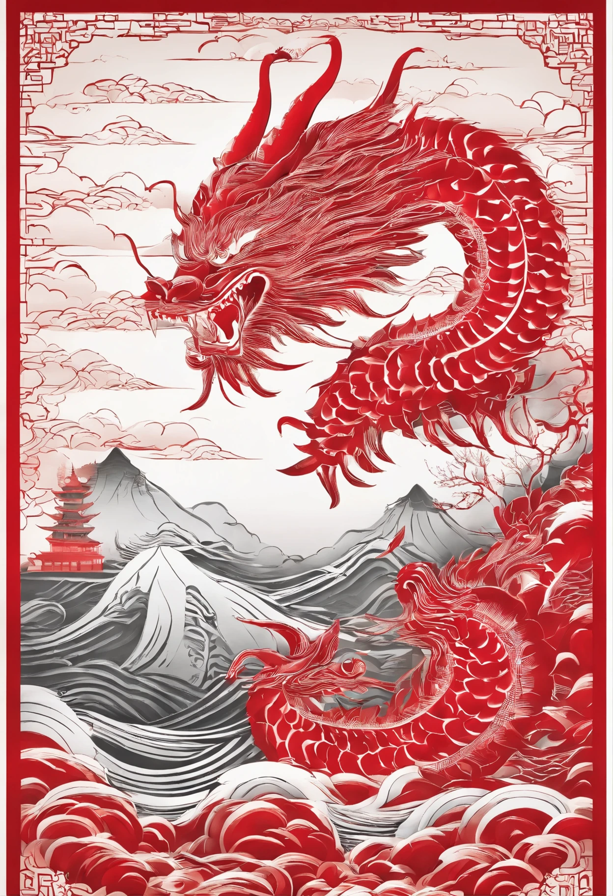 there is a red 龙 with a gold tail and a checkered hat, 受 Katsushika Ōi 启发的丝网印刷, 红迪特, 创作制作, big red 龙 flying above them, a red 龙, 今敏的风格, a 龙, red 龙, chinese 龙, 龙, the devil in hell as a 龙, 龙!
