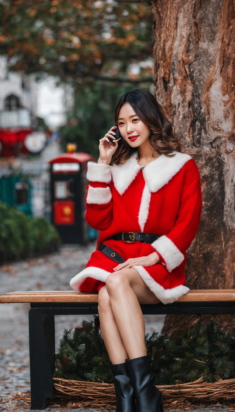 A beautiful woman sitting on a red bench，Wearing a red and white sweater，black skirt，Black boots，旁边有泰迪熊和santa, Christmas tree and red phone box in the background，🕹️ 😎 🔫 🤖 🚬, Dilireba, 🤬 🤮 💕 🎀, 🕹️ 😎 🚬, Bae Xiuzhi, 8k)), exclusive, Minami Zaiwa, santa, Height 165 cm, Larissa Manobar