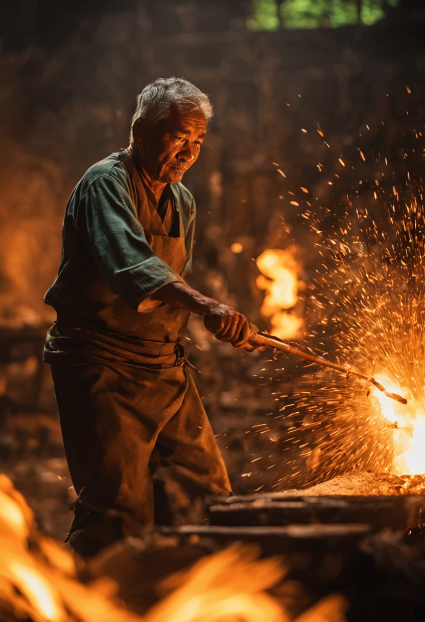 Action-packed image of old malay blacksmith. He is hammering the flaming hot metal in impactful way. heavily grunge texture, fire particles and derbis visible noticeably. movie ambience, in the style of dragoncore, dynamic and action-packed scenes, meticulous details, 32k uhd, historical drama, emerald and amber, mythical-inspired --ar 71:128 - -v 6.0