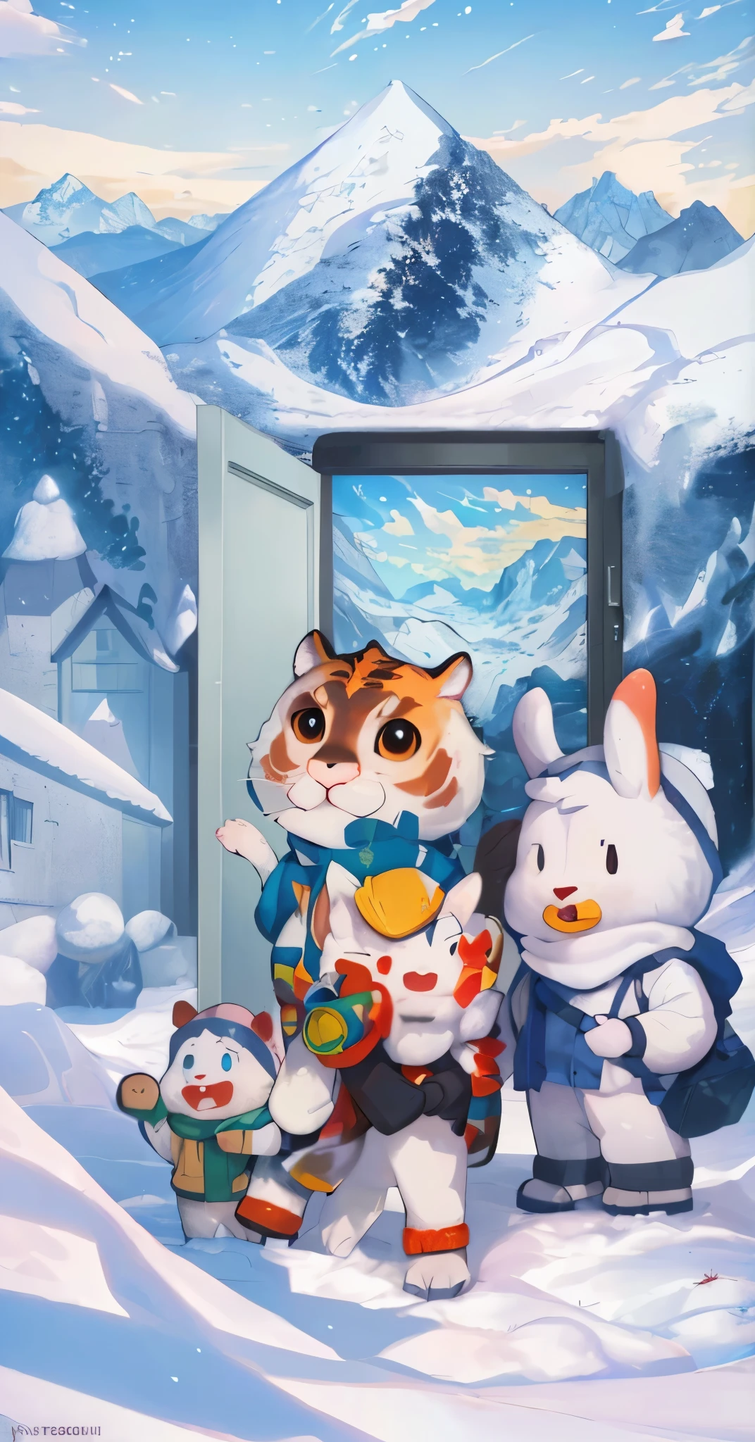 (best quality,4k,highres:1.2),ultra-detailed,(realistic,photo-realistic:1.37),cartoonish,animals,standing, in front of a door, full-page illustration, detailed fanart, snow-covered, snow-capped mountains, outdoors, adventure, official artwork, full-page illustration, portfolio illustration, comic book art, frigid snow outside