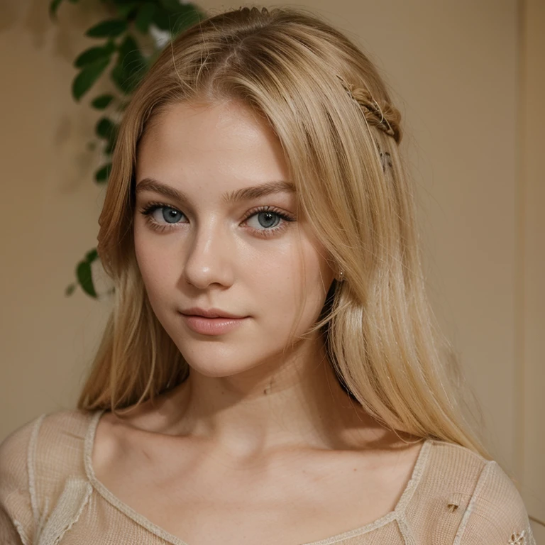 Jeune fille de 19ans, blonde, au visage parfait. Cheveux jusqu'a la poitrine, traits fin, visage coquin