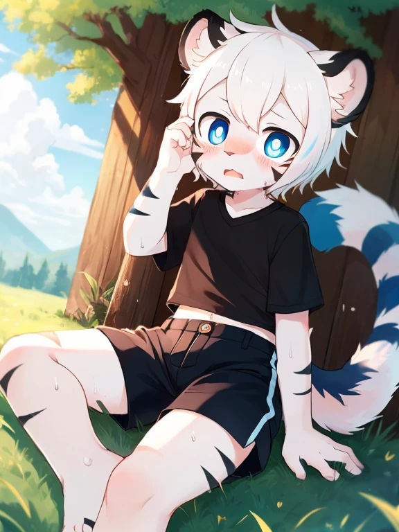 (4k,8k,best quality,meticulous details,Delicate light,Delicate short hair)(wet fur 1.4)Tiger cubs,White hair,dark blue pupils,There is something strange,surprise,touch your face,black shorts,big blue striped tail,Little fresh,sit on the grass,Shota