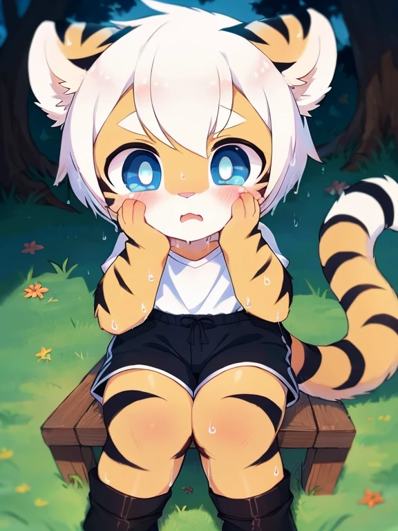 (4k,8k,best quality,meticulous details,Delicate light,Delicate short hair)(wet fur 1.4)Tiger cubs,White hair,dark blue pupils,There is something strange,surprise,touch your face,black shorts,big blue striped tail,Little fresh,sit on the grass,Shota