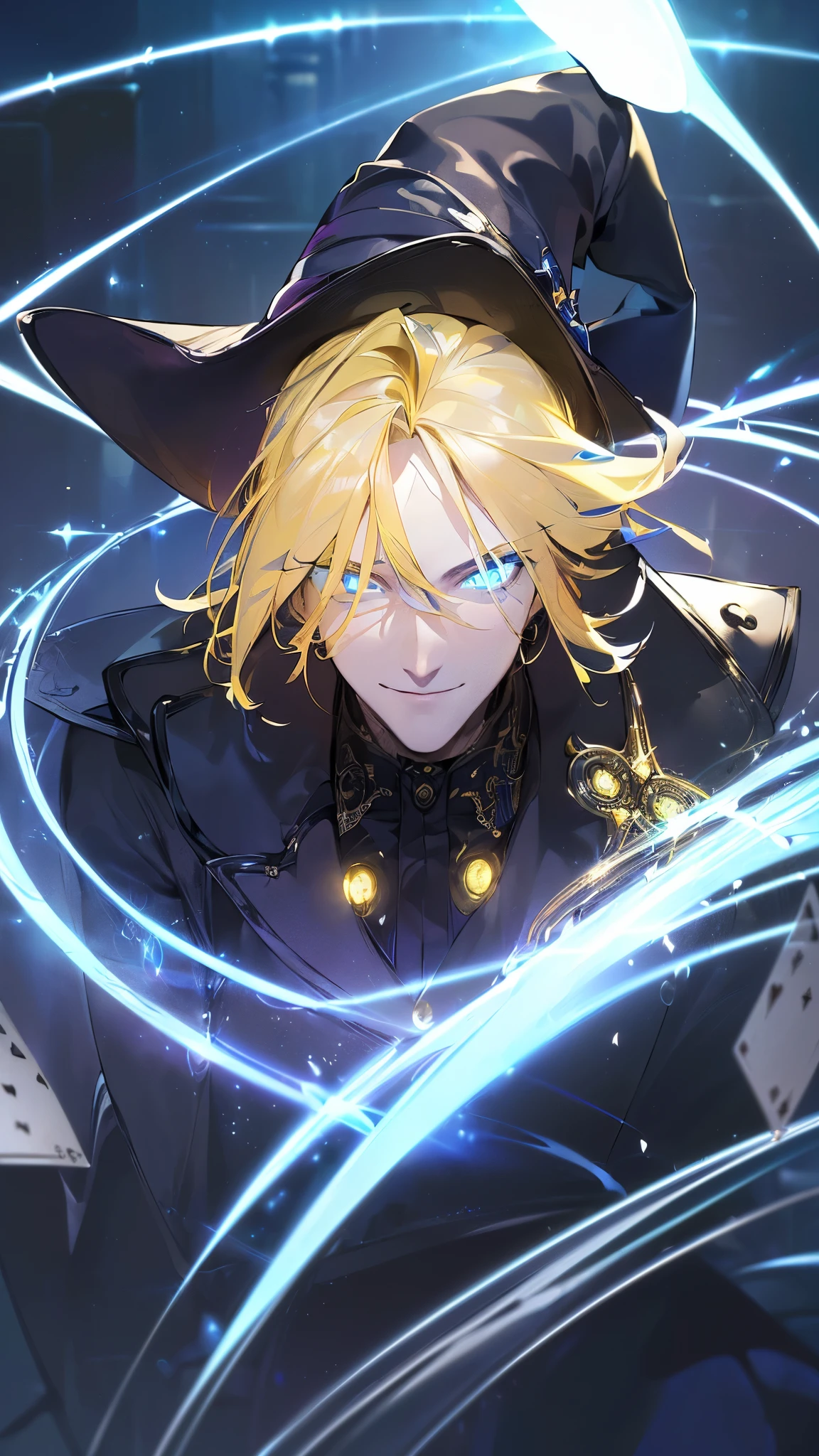 (Man 1,male, yellow hair, detailed blue eyes,smile, witch, playing cards, holding playing cards),(((A detailed classic suit with luminous neon lines)), highly detailed CG, unit, 8K wallpapers, highest quality, high resolution, beautiful lighting, realistic shadow,(future, detailed face and eyes Highly)