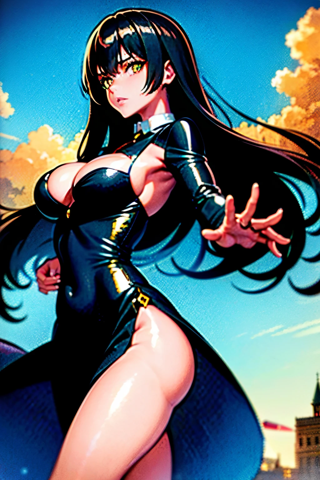 Dark vintage 90's anime style. A stylish model exudes an Akira-inspired vibe as she confidently poses in front of an imposing castle, its towering spires reaching for the sky. The intricate line art and fine details of the scene come to life, showcasing the female portrait's gothic atmosphere. The model's long, flowing black hair billows in the wind, adding to the intricate complexity of the masterpiece. Her keen, detailed features and intense gaze captivate the viewer, making for a truly mesmerizing high definition, RO1-quality image. The castle's grandeur is further accentuated by the fine details and l