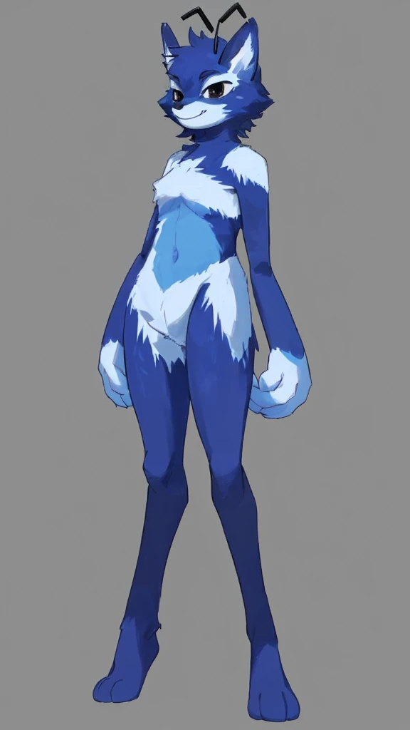 Dog Insect Furry, blue fur, black eyes, black insect antennae, little smile in face