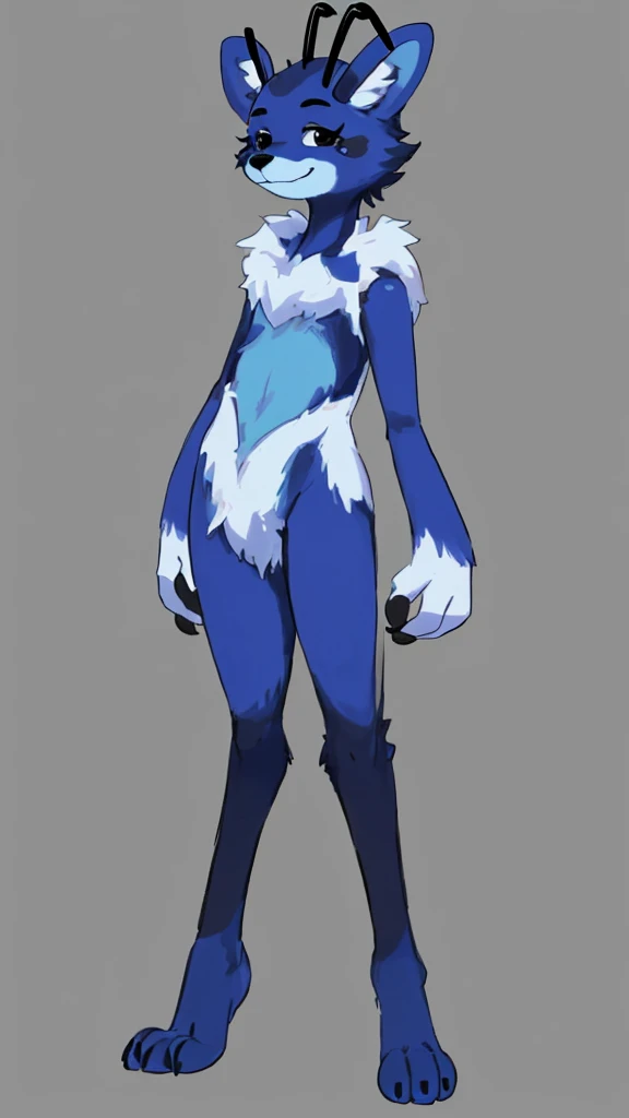 Dog Insect Furry, blue fur, black eyes, black insect antennae, little smile in face