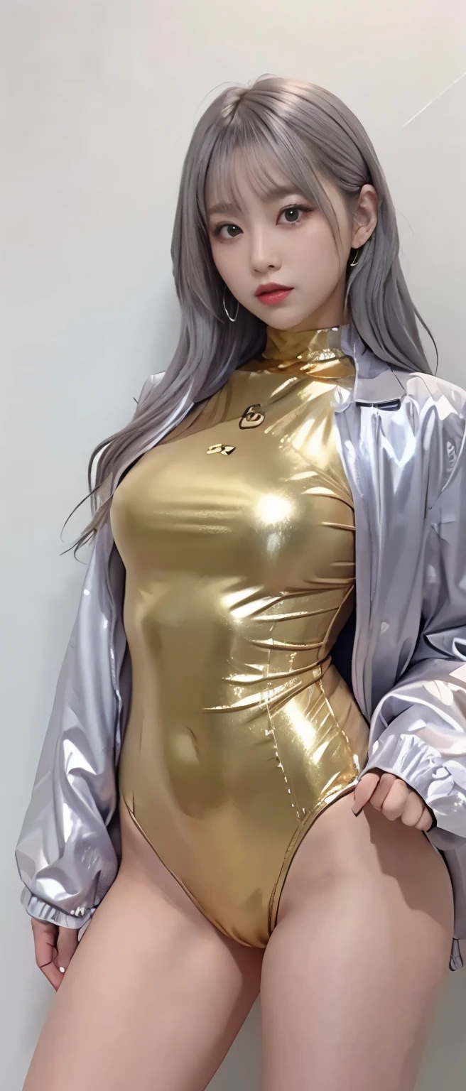 female idol、Full body Esbian、gold tight bodysuit、、silver hair