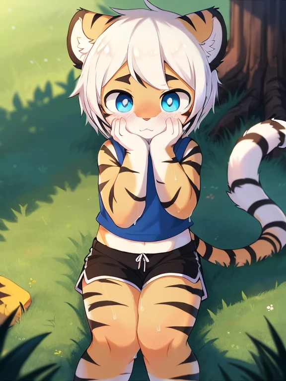 （4k，8k，best quality，meticulous details，Delicate light，Delicate short hair）（wet fur 1.4）Tiger cubs，White hair，dark blue pupils，There is something strange，surprise，touch your face，black shorts，big blue striped tail，Little fresh，sit on the grass，Shota