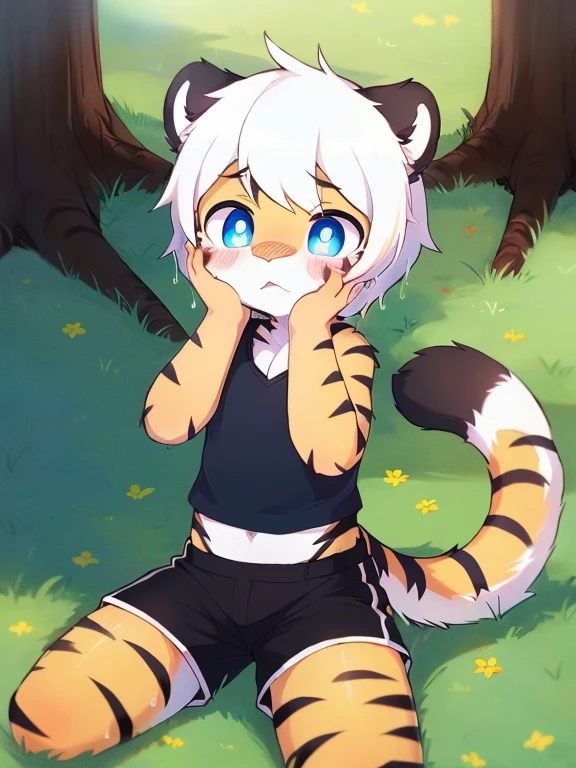（4k，8k，best quality，meticulous details，Delicate light，Delicate short hair）（wet fur 1.4）Tiger cubs，White hair，dark blue pupils，There is something strange，surprise，touch your face，black shorts，big blue striped tail，Little fresh，sit on the grass，Shota