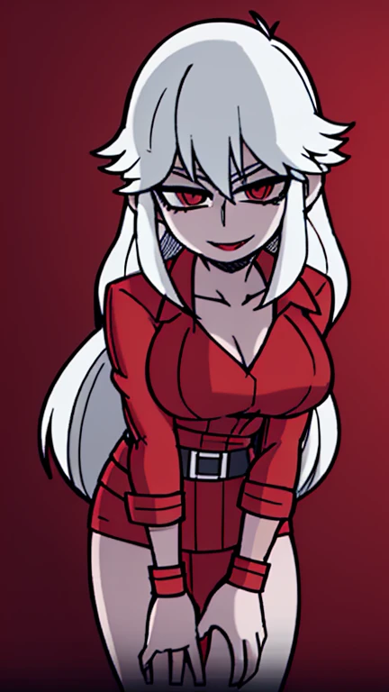 beautiful girl with long light gray hair with red eyes and red lips in a red robe, pleasant smile, mysterious look, sexy, Goddess, naked boobs, naked girl, sex
