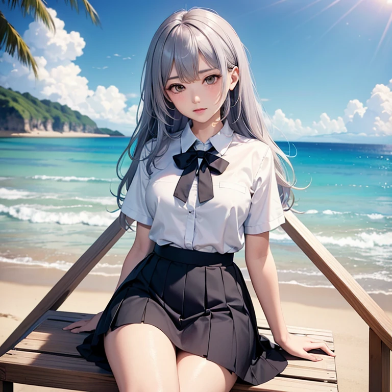 ((masterpiece)), ((highest quality)), ((High resolution)), ((Highly detailed CG Unity 8K wallpaper)), alone, Tachibana plays, tan school uniform, black skirt, white socks, outdoor, face, curtained hair, beach, parted hair, silver hair