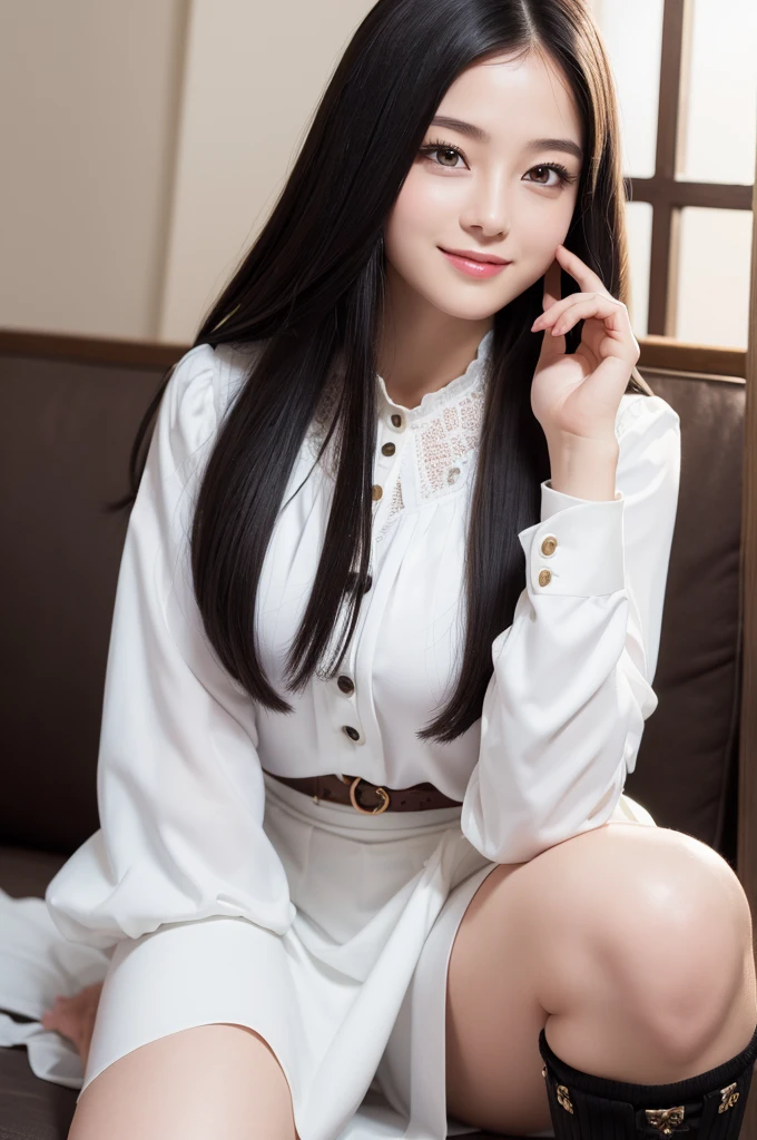((highest quality, 8K, masterpiece: 1.3)), sharp focus: 1.2, beautiful woman with perfect figure: 1.4, slim abs: 1.2, (black hair,: 1.2)),semi-long、straight hair、 (white button blouse: 1.3),, Highly detailed face and skin texture, fine eyes, double eyelid, big breasts, smile,long skirt、boots、knee high socks、boots、Outstanding style、high resolution、High definition、Super detailed、body whole、stand、Kime pose、Feminine hands、clean hands、indoor、natural lighting brightness、