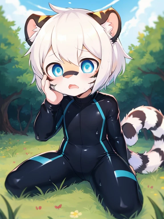 （4k，8k，best quality，meticulous details，Delicate light，Delicate short hair）（wet fur 1.4）Tiger cubs，White hair，dark blue pupils，There is something strange，surprise，touch your face，Black bodysuit，big blue striped tail，Little fresh，sit on the grass，Shota
