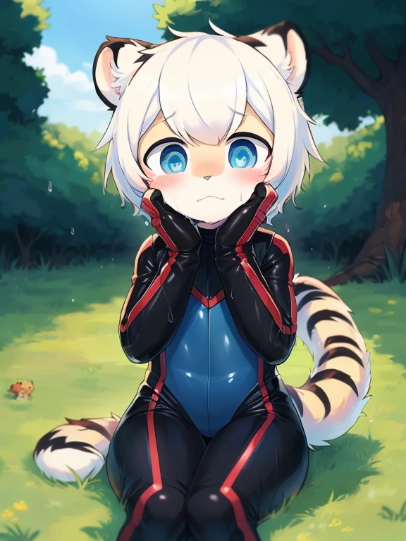 (4k,8k,best quality,meticulous details,Delicate light,Delicate short hair)(wet fur 1.4)Tiger cubs,White hair,dark blue pupils,There is something strange,surprise,touch your face,Black bodysuit,big blue striped tail,Little fresh,sit on the grass,Shota