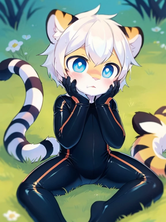 （4k，8k，best quality，meticulous details，Delicate light，Delicate short hair）（wet fur 1.4）Tiger cubs，White hair，dark blue pupils，There is something strange，surprise，touch your face，Black bodysuit，big blue striped tail，Little fresh，sit on the grass，Shota