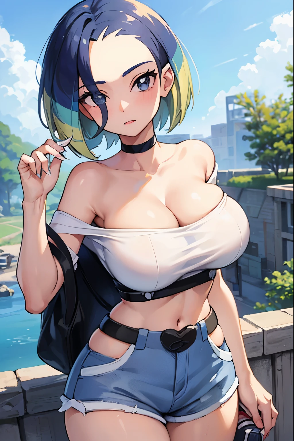 ((1girl)), perfect face, young adult woman, realistic photo, beautiful face, perfect face, masterpiece, ((perrin pokemon)), blue eyes, blue hair, bob cut, multicoloured hair, (background: blue sky), (cowboy shot), slim waist, cleavage, low shorts, gigantic breasts, white off shoulder, looking at viewer, white bandeau