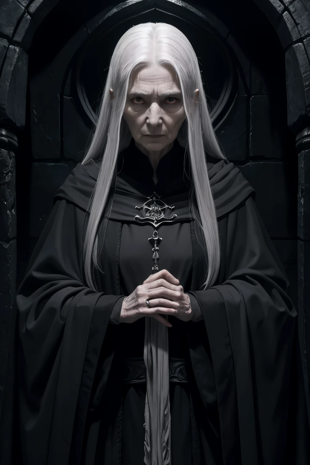 A wrinkeld old 90 years old priestess of the death. A lot of wrinkles. Very old looking. Very pale skin. Long very thin straight grey hair. A serious and unforgiving look. Small eyes. A big nose. Wearing a black robe. In dark catacombs of death.