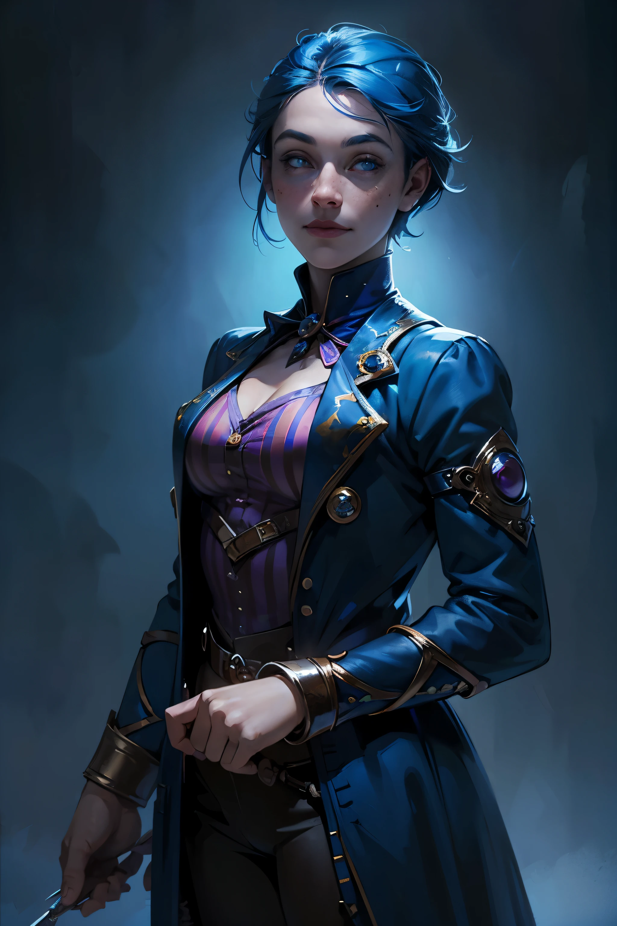 fantasy, a young girl, brush cut, blue hair, freckles, blue eyes, smiley face, freckles, blue velvet doublet, circus background, Illusion blue crows around her, she is an illusionist and mage, teenager, circus style in clothes, Western fantasy style