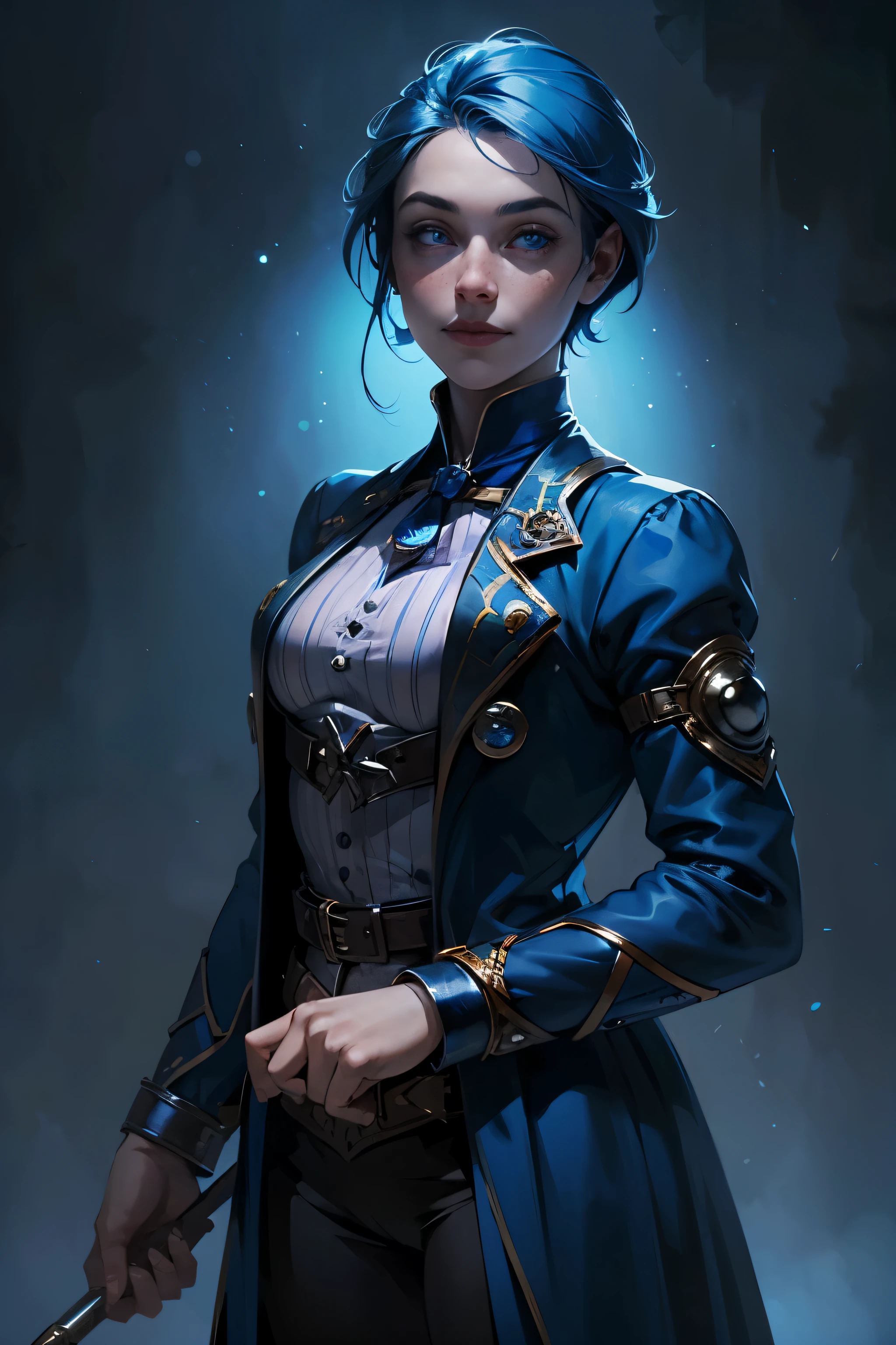 fantasy, a young girl, brush cut, blue hair, freckles, blue eyes, smiley face, freckles, blue velvet doublet, circus background, Illusion blue crows around her, she is an illusionist and mage, teenager, circus style in clothes, Western fantasy style