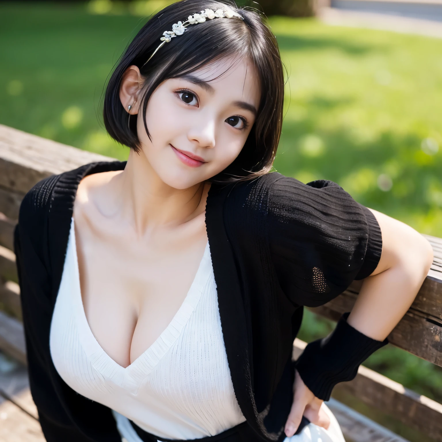 Best-quality, Masterpiece, Ultra-High-Resolution, (Photorealistic:1.4), Raw-Photo, front-view, from above, 1girl, 15-years-old, the most famous Japanese idol, (leaning forward, looking up, ((hands on hip)), innocent smile, wearing loose-sweater), extremely cute face like a most popular Japanese idol, (((((extremely beautiful big-black-eyes))))), extremely beautiful black-short-cut-haired, extremely beautiful long-eyelashes, extremely beautiful skins, extremely realistic skins, extremely beautiful abundant cleavage, detailed big-black-eyes, detailed loose-sweater