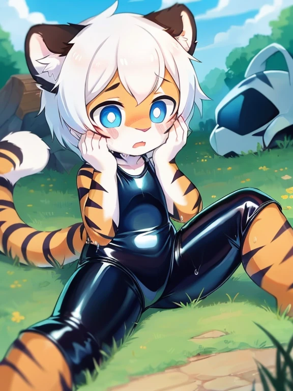 (4k,8k,best quality,meticulous details,Delicate light,Delicate short hair)(wet fur 1.4)Tiger cubs,White hair,dark blue pupils,There is something strange,surprise,touch your face,One-piece latex tights,big blue striped tail,Little fresh,sit on the grass,Shota