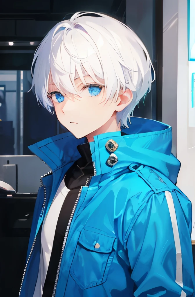 Short white hair, blue eyes, jacket, boy