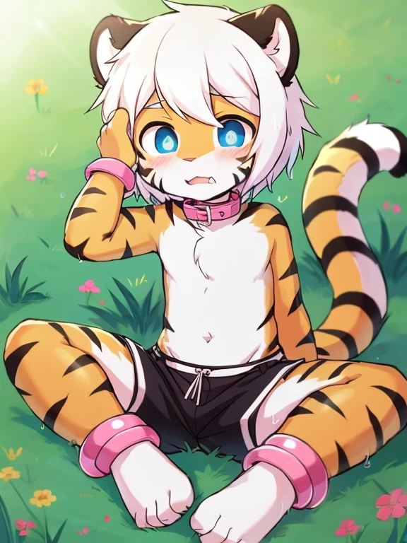 （4k，8k，best quality，meticulous details，Delicate light，Delicate short hair）（wet fur 1.4）Tiger cubs，White hair，dark blue pupils，There is something strange，surprise，touch your face，black shorts，big blue striped tail，Little fresh，sit on the grass，Shota，Pink ankle ring，Pink bracelet，Pink leg rings，pink collar