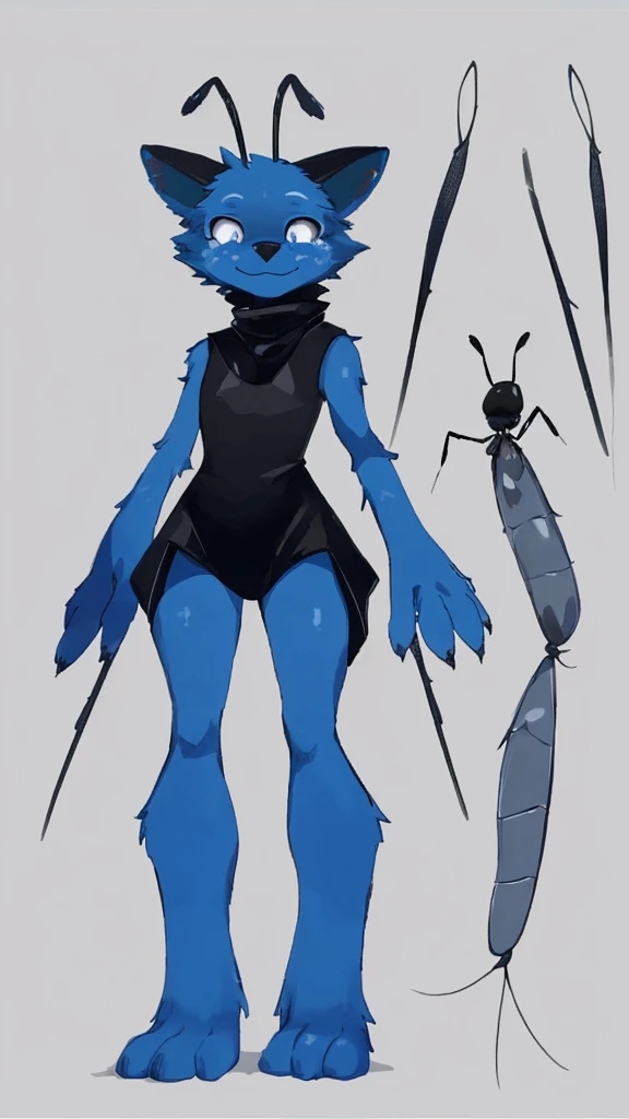 Dog Insect Furry, blue fur, pure all white eyes, black insect antennae, little smile in face, Black clothes