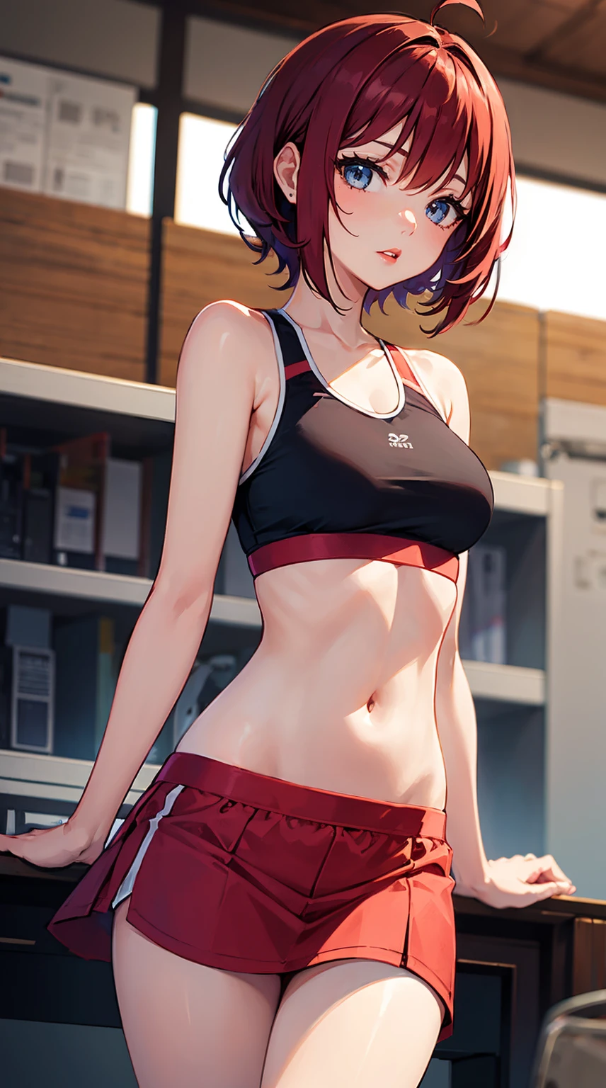 1 anime girl, sportsbra, red short hair, seductive looking, red lips, short skirt