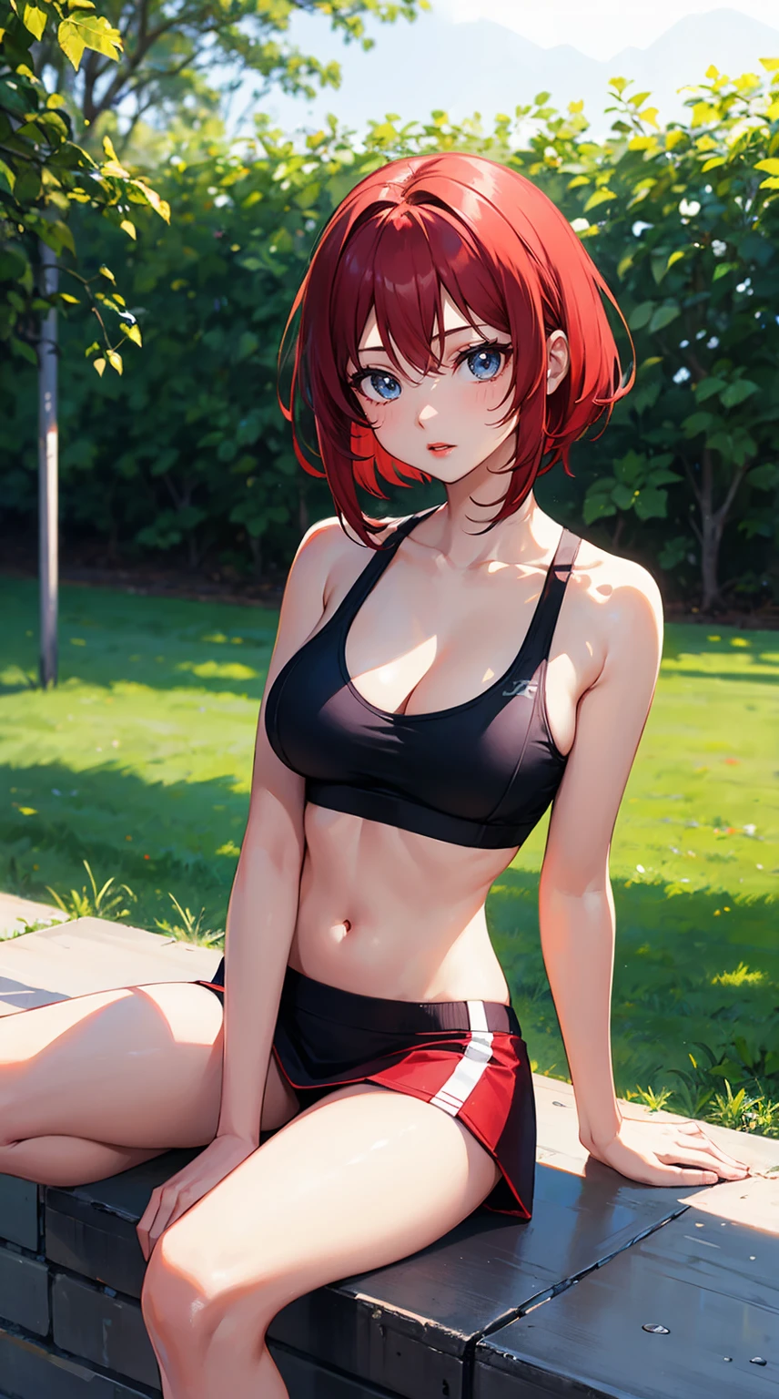 1 anime girl, sportsbra, red short hair, seductive looking, red lips, short skirt