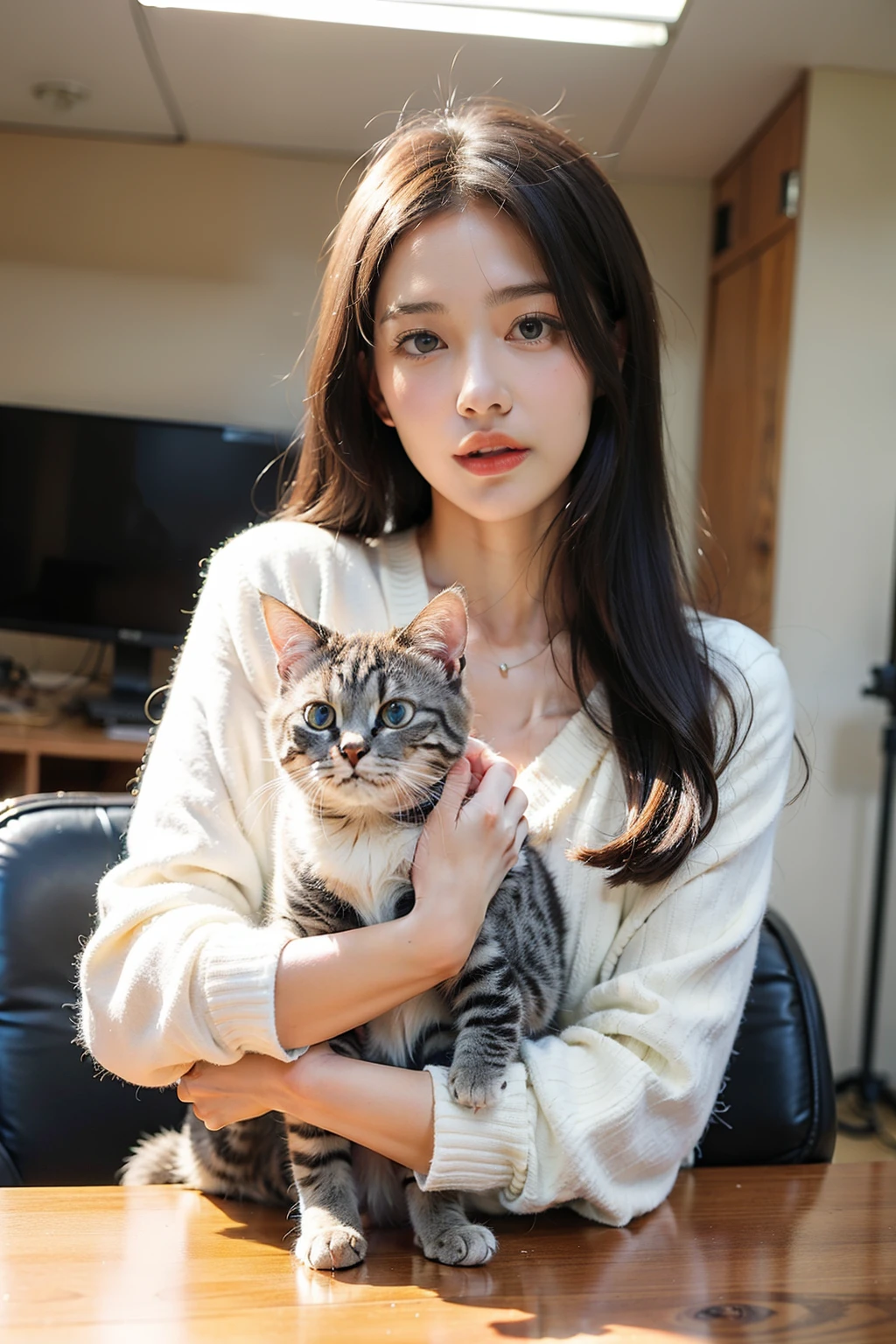 ((best quality)), ((masterpiece)), (detailed), Background in the office,Girl holding cute cat,Talking into the microphone
