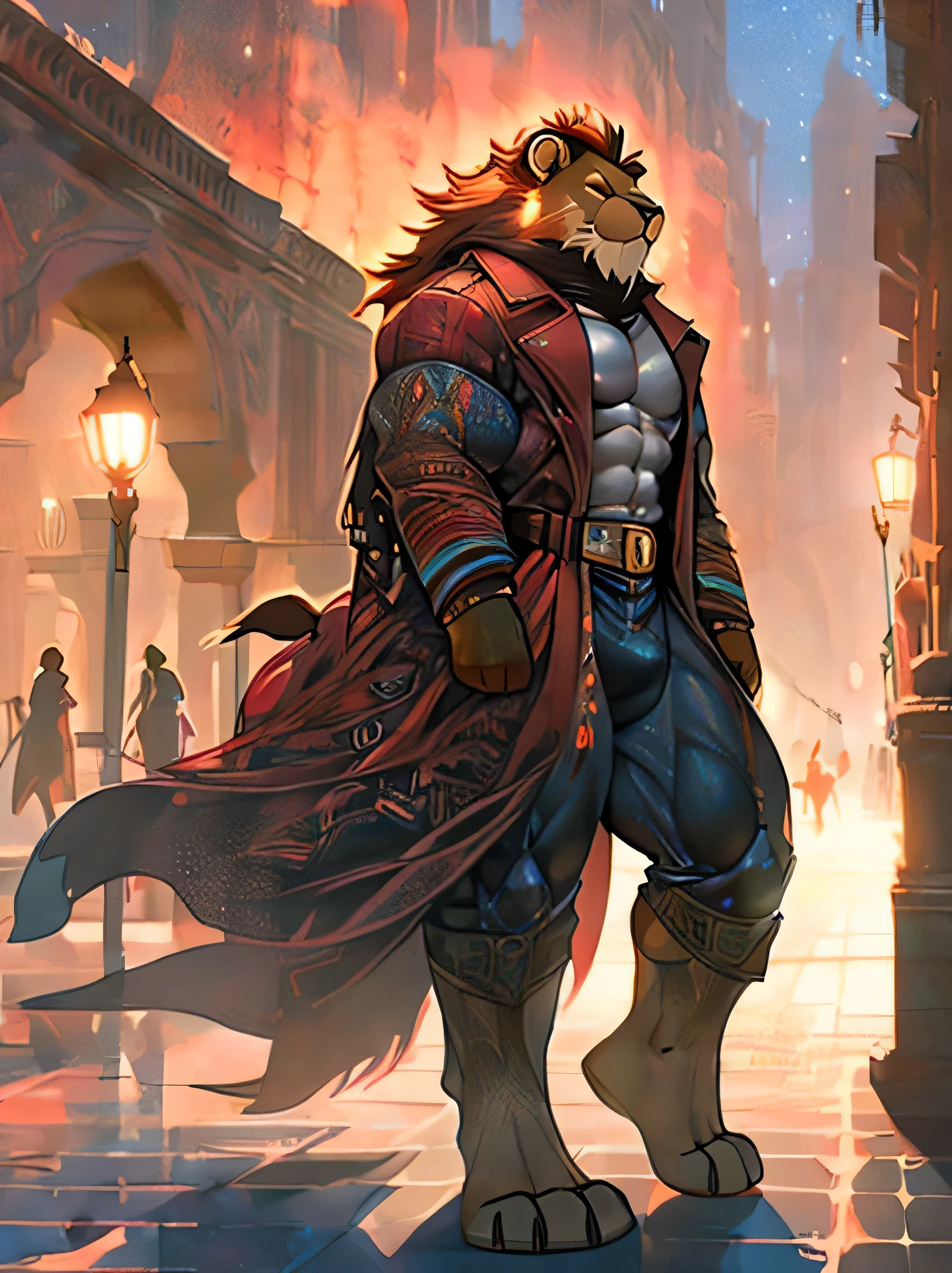 furry, lion, (1male), arrogant, prideful, muscular, bulging muscles, walking towards camera, full body, concept art, industrial age, Moroccan architecture, visually striking, 4k, detailed, red trench coat, natural lighting, evening, particles, fog, red colour palette  