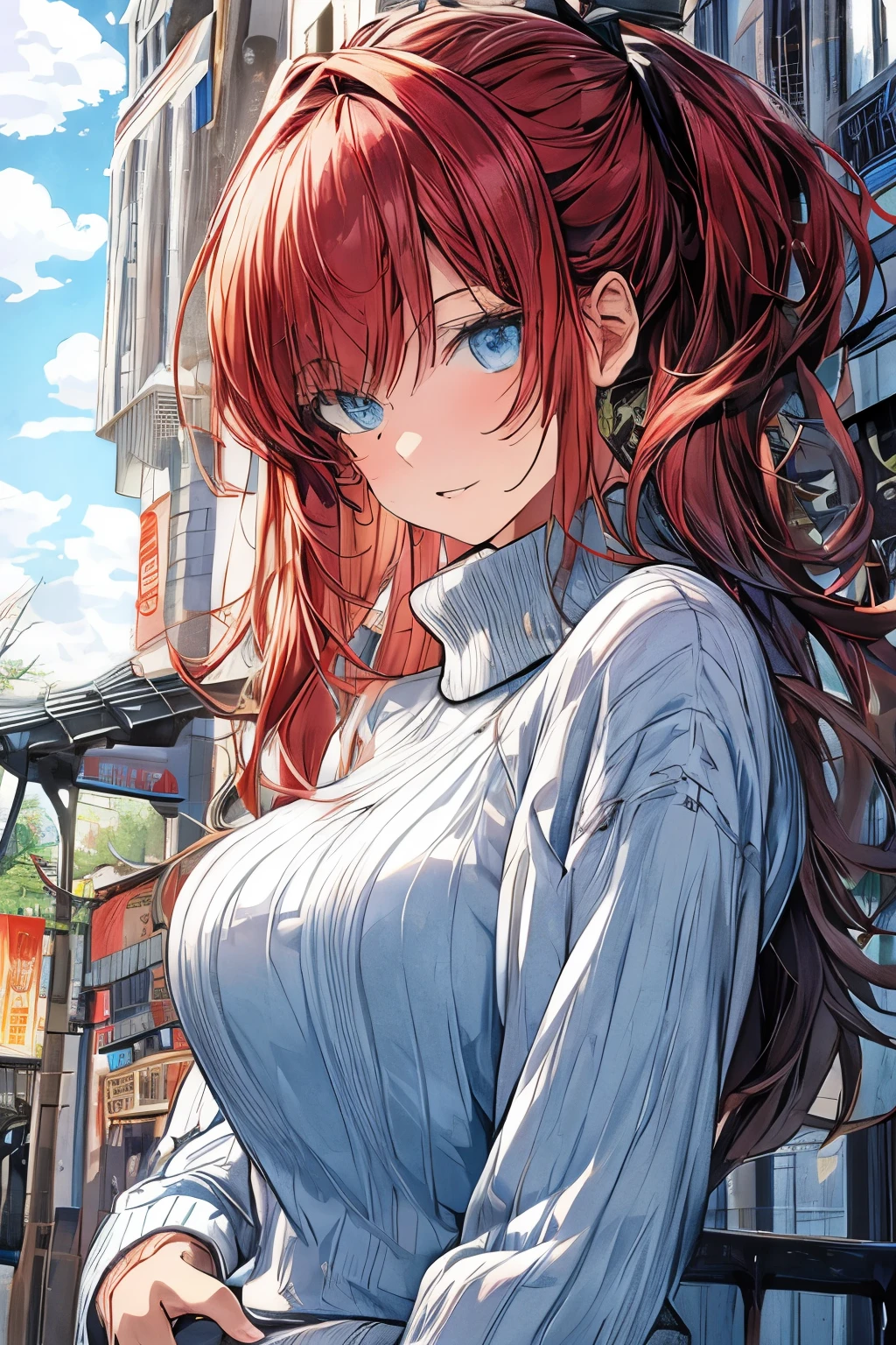Woman, big breasts, redhead, blue eyes, transparent sweater, small chin  