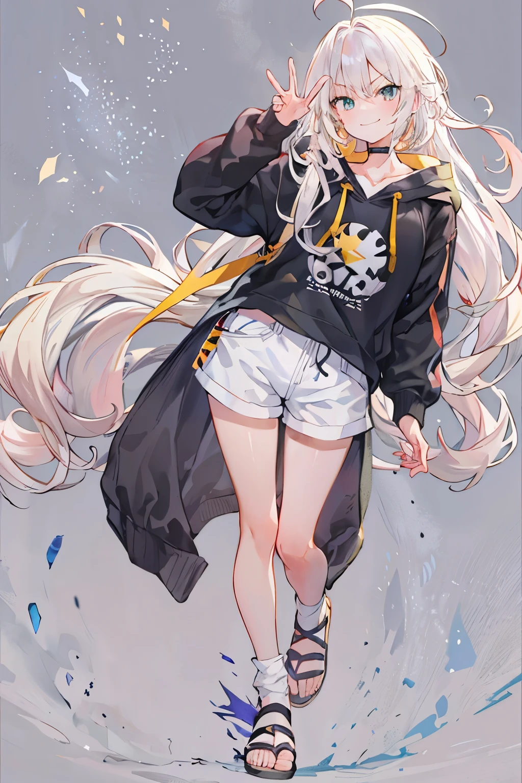 1man, mid shot, best detailed girl, looking back, Perfect body, woman, 20 years old, messy white long hair, flipped hair, shiny platinum blonde hair, floating hair, huge ahoge, smirk, v-shaped eyebrows, golden pupil, medium chest circumference, bright skin, oversized clothes, hoodie, short shorts, sandals, black Clothes, masterpiece, best masterpiece,