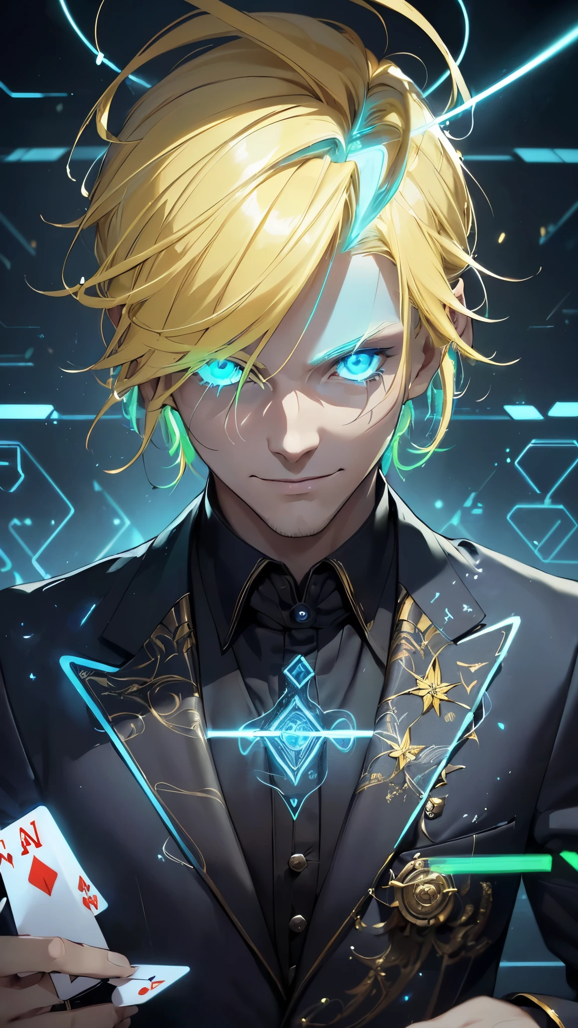 (Man 1,male, yellow hair, detailed blue eyes,smile, witch, playing cards, holding playing cards),(((A detailed classic suit with luminous neon lines)), highly detailed CG, unit, 8K wallpapers, highest quality, high resolution, beautiful lighting, realistic shadow,(future, detailed face and eyes Highly)
