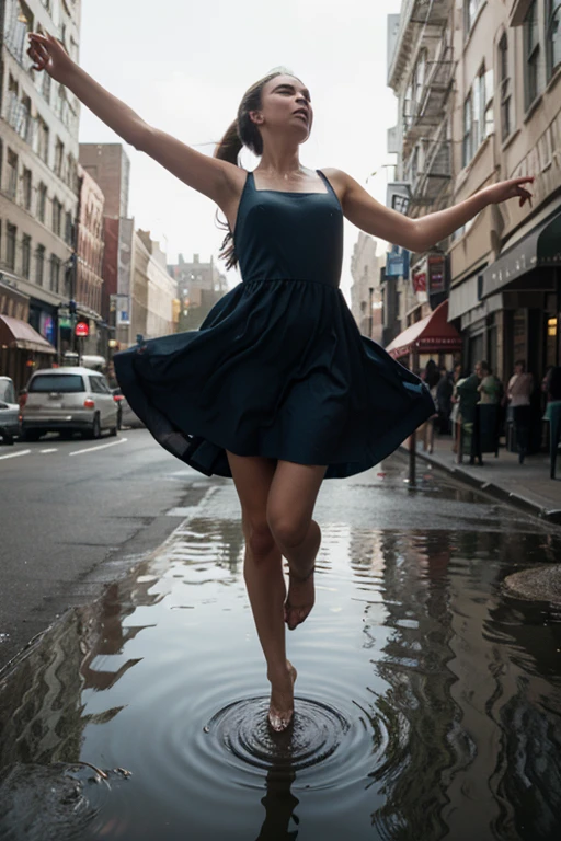 vintage photo of a model jumping over a puddle in NY, long flowing dress