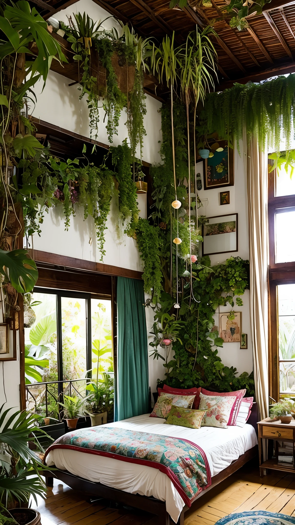 arafed bedroom with a bed and lots of plants in it, room full of plants, adorned with all kind of plants, maximalist art nouveau, overgrown with orchids, maximalism. stunning, lush plant and magical details, romantic greenery, floral jungle treehouse, trending on pinterest,maximalist, art nouveau jungle environment, maximalist, ornate retreat
